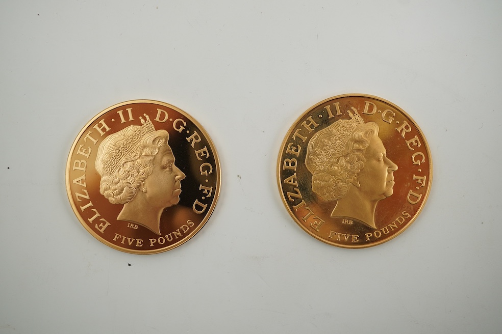 British gold coins, Elizabeth II, UK 2005 gold proof commemorative two crown set, commemorating 200th anniversary Nelson-Trafalgar, 21 October 1805, in case of issue with certificate